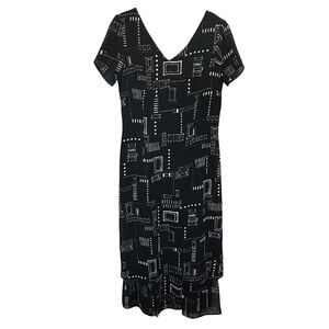 VTG Jolibel Black/Cream Geometric Print V-Neck Short Sleeve Midi Dress - Size 6